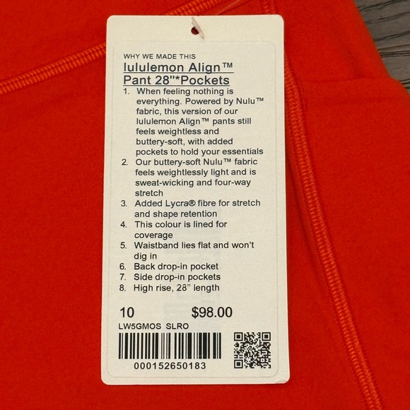 NWT Lululemon Align HR Pant 28" Pockets Legging SLRO Solar Orange Red Women's 10 - Picture 2 of 4